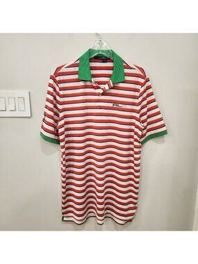 RLX Ralph Lauren Performance Polo Shirt Mens L Orange White Striped Candy Cane